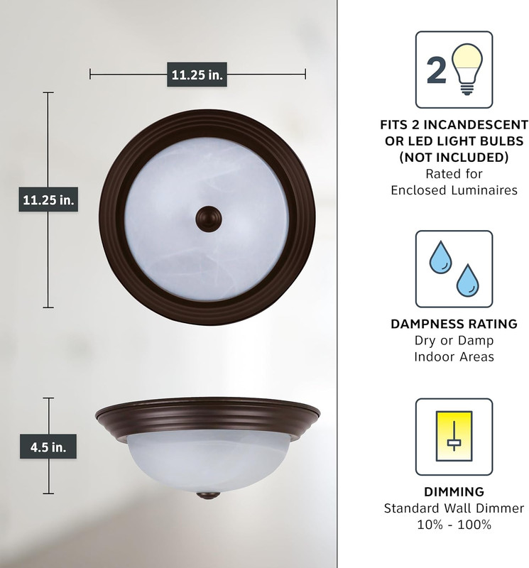 2-Light Flush Mount Ceiling Light 11 Inch White Alabaster Glass Bronze Fixture gallery