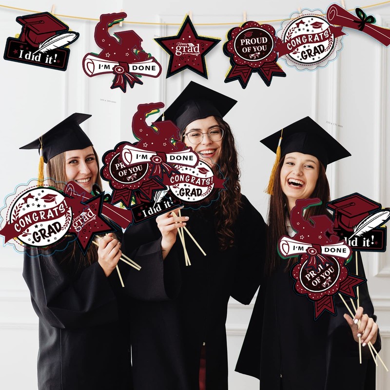 24 PCS Graduation Decorations Maroon Black 2025 Sticks Table Toppers Burgundy gallery