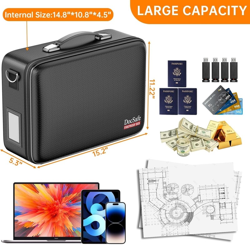 Fireproof Document Box with Lock - Water-Resistant Organizer for Secure Storage gallery