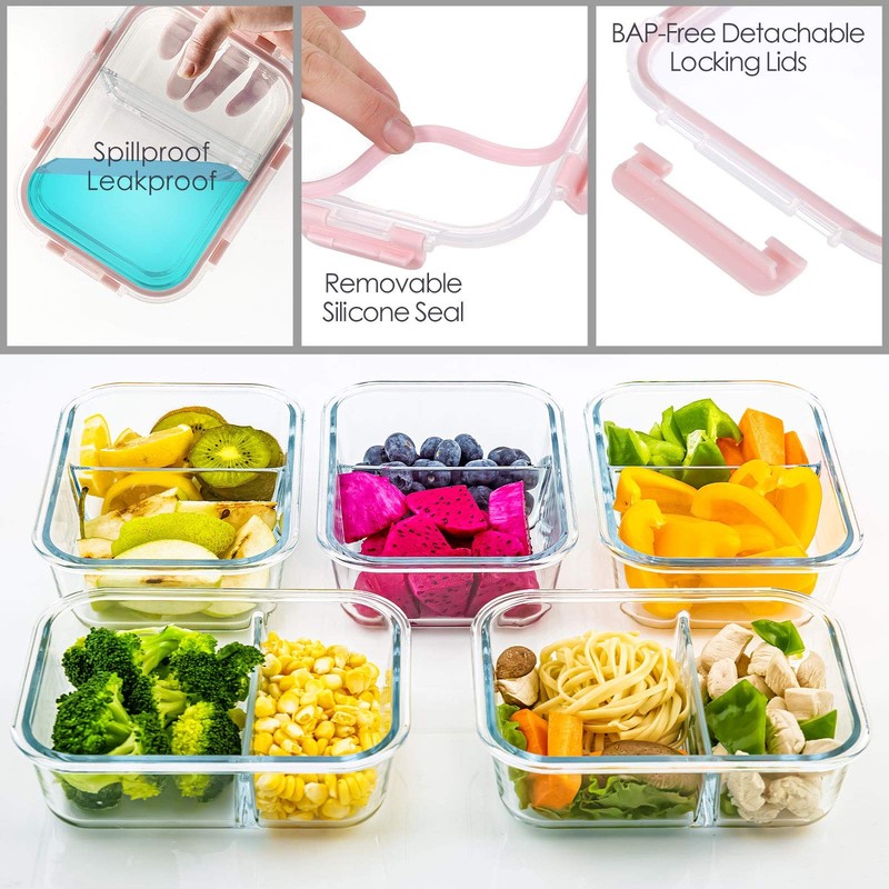 CREST Glass Meal Prep Containers 2 Compartment Set, 5-Pack, 34oz,Divided Bent... gallery