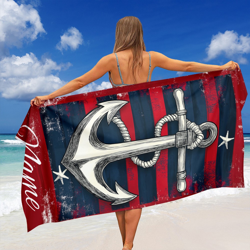 1pc Red and Blue Striped Anchor Pattern Beach Towel, Customizable Name, Microf gallery