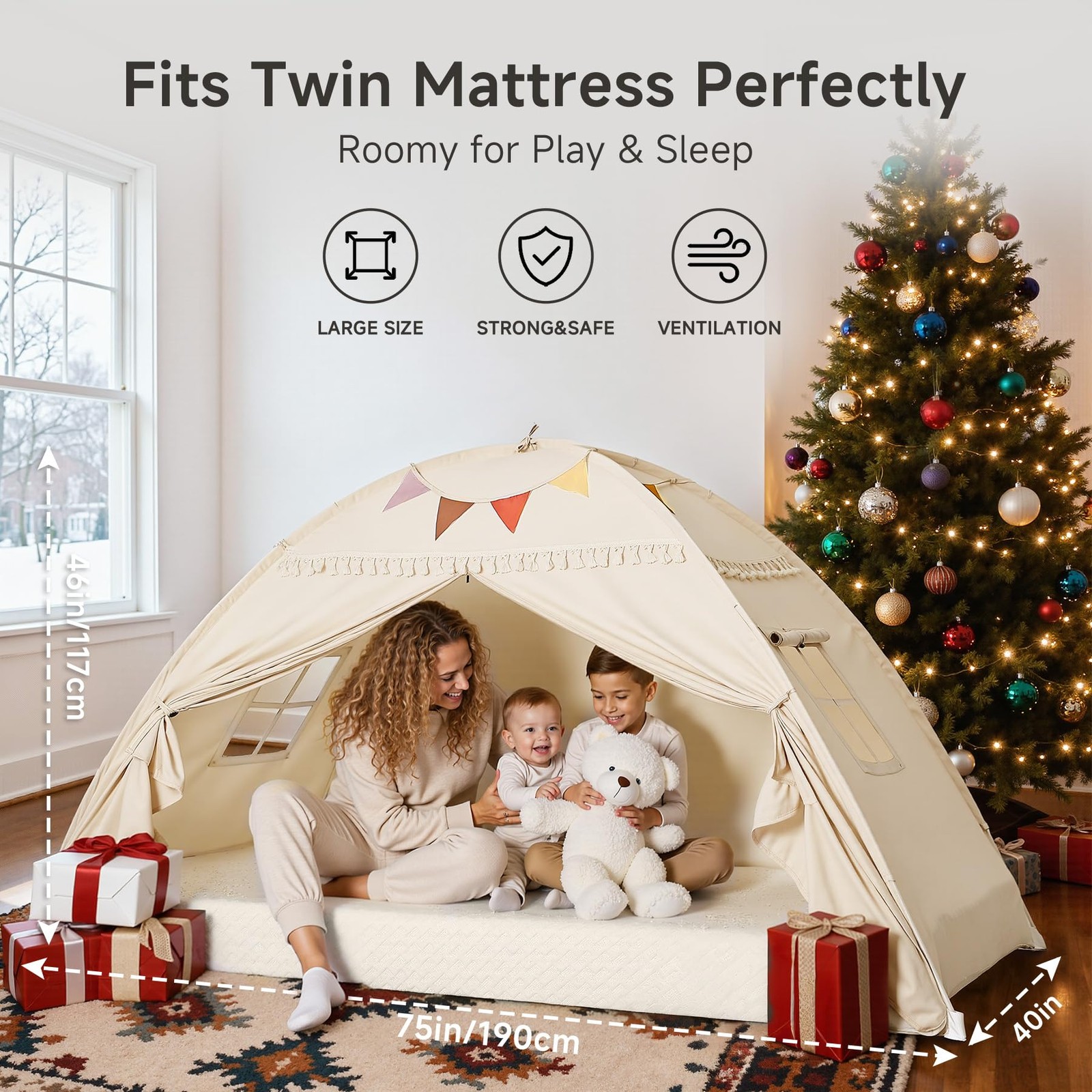 Toddler bed Tent Canopy Lights Flags Indoor Floor Twin Bed Kids Tent Play Te... gallery