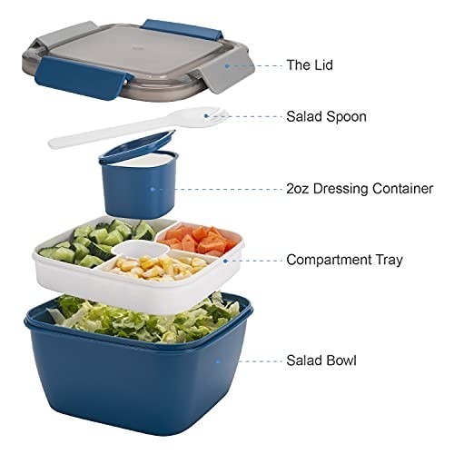 Salad Lunch Containers 52 oz - 3 Compartment Bowls with Dressing Container - To gallery