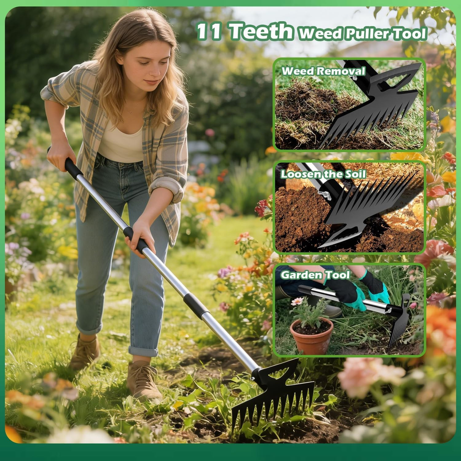 Weed Puller Tool with Long Handle, 60" Weed Remover Tool, 3 in 1 Iron Weeding Ra gallery