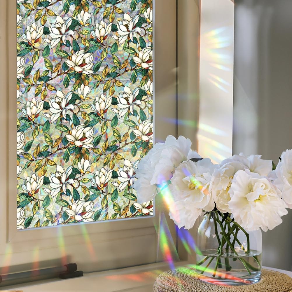 Stained Glass Window Privacy Film – Floral Static Cling Decor, 16.93x39.37" gallery