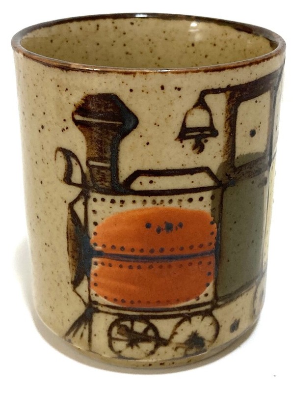 Small Stoneware Glazed Mug Train 3.5" Japan Tan Speckled Folk Art Glossy gallery