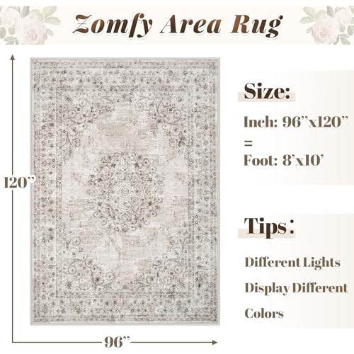 8x10 Area Rug Vintage - Large Washable Medallion Rugs - Low Pile gallery