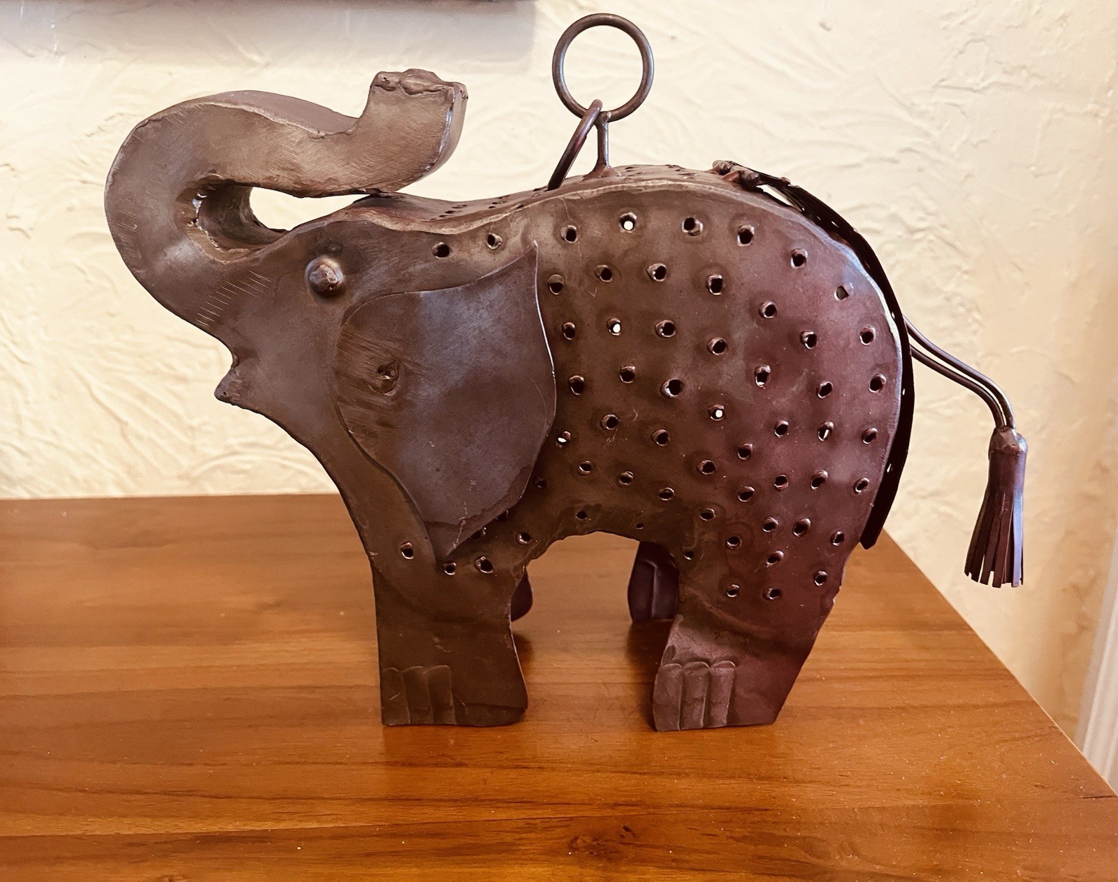 Rustic Handcrafted Metal Copper Color Hanging Elephant w/ Interior Candle Holder gallery