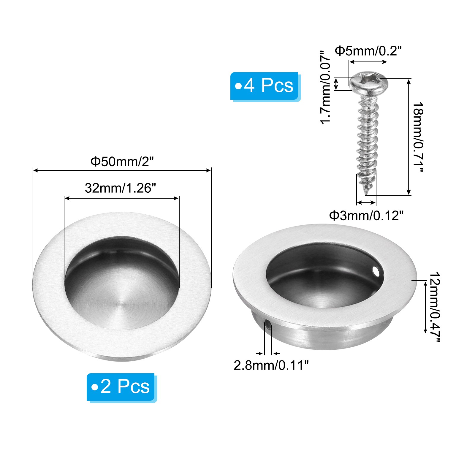 2Pcs Round Recessed Door Pulls 2" Dia Finger Pulls Cabinet Handles Silver gallery