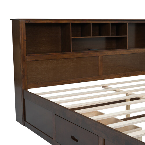 King Size Platform Bed with Storage Drawers Bookcase Headboard Wooden Bed Frames gallery