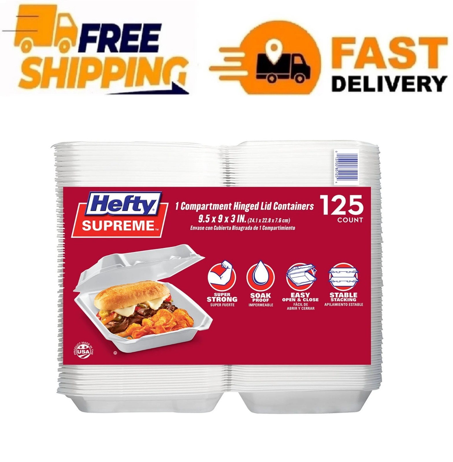 Hefty Supreme Foam Hinged Lid Container, 1-Compartment, 125 ct. gallery