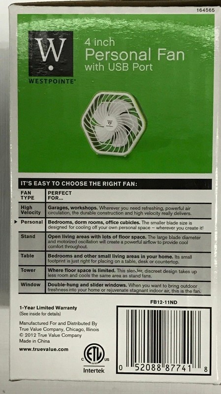 WESTPOINTE 4" PERSONAL USB POWERED COMPUTER DORM ROOM & OFFICE CUBICLE DESK FAN gallery