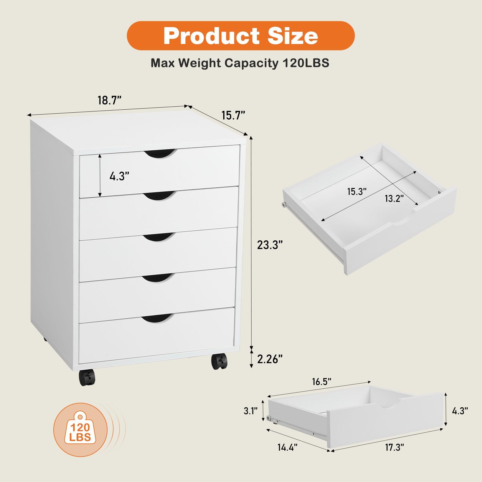 Mobile 5-Drawer Storage Cabinet with Wheels - Space-Saving Dresser for Home Use gallery