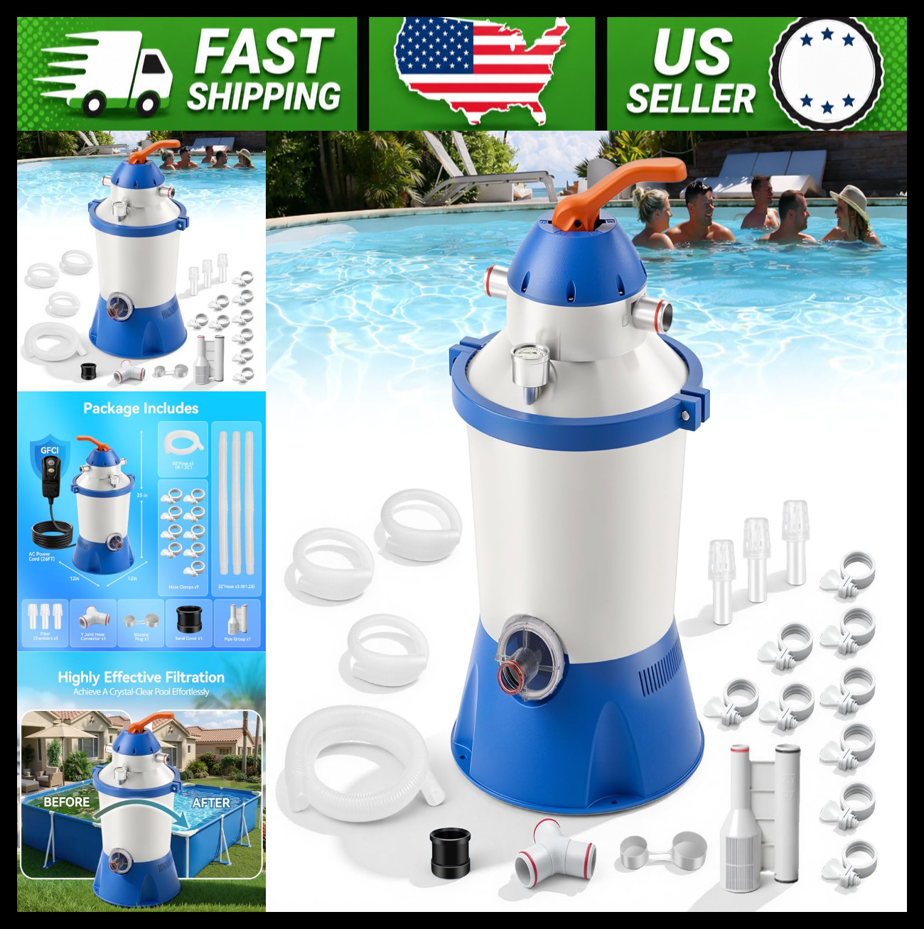 1000 GPH Above Ground Pool Sand Filter Pump 6-Way Valve ETL GFCI Protected gallery