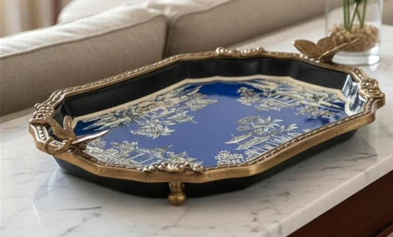 Porcelain Tray With Bronze Ormolu - Azure Pagoda-13.5'' x 3''H gallery