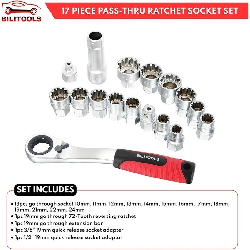 Pass Through Socket Set 19mm Ratchet Wrench Chrome Vanadium Steel 17 Pieces New gallery