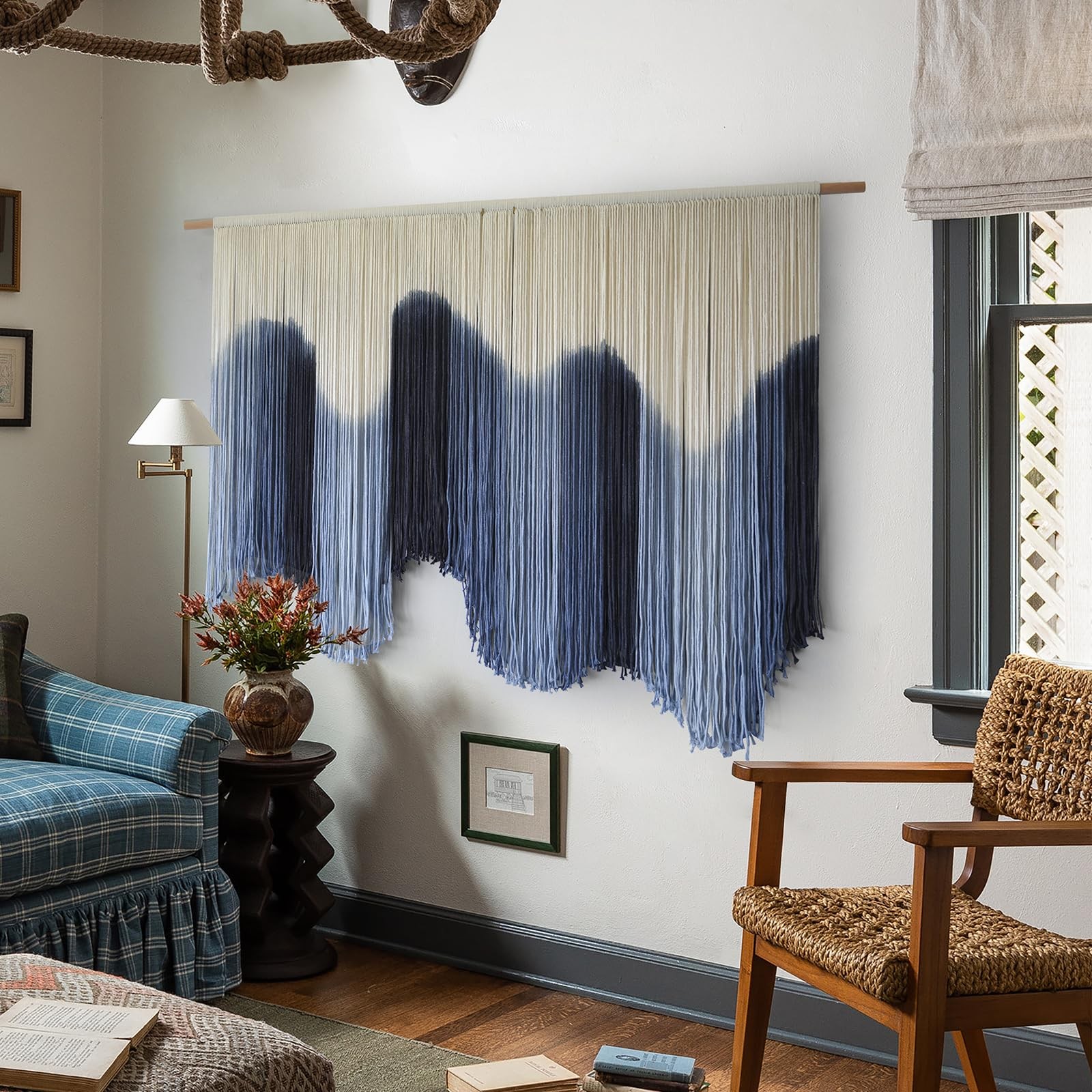 IOWER Macrame Wall Hanging Large Blue Dip Dyed Fiber Art 39"L x 57"W, gallery