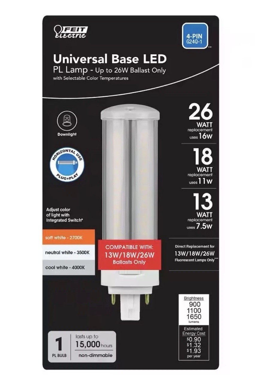 Feit Electric 26W 18W 13W Equivalent PL LED Bulb 4-Pin Universal Base CCT Select gallery