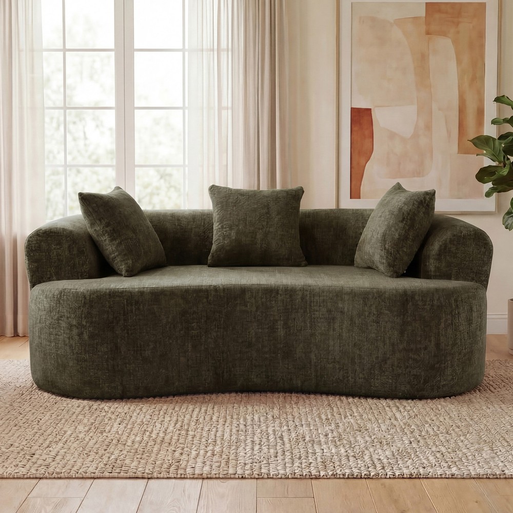 Crescent Sofa Modern Low-Back Deep Cushion Green Chenille Fabric