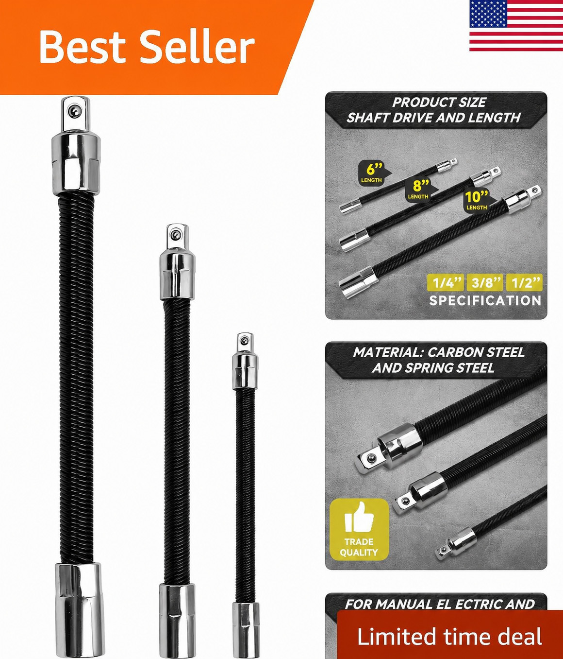 3-Piece Flexible Socket Extension Bar Set 1/2" 1/4" 3/8" Shaft Drive 10" 8" 6" gallery
