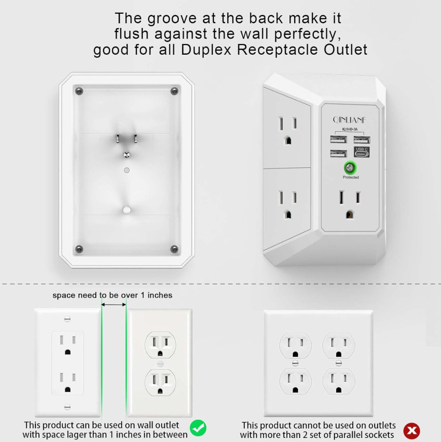 5 Outlet Extender Surge Protector Multi Plug Wall Adapter USB Charger Ports with gallery