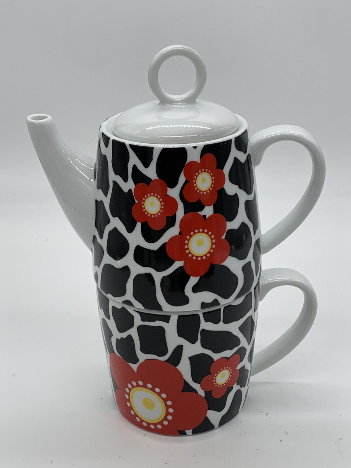Tea For One Ceramic Teapot/Cup Black & White w/ Red Flowers by Formation Brands gallery