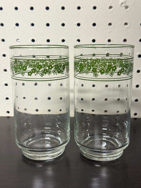 2 Libbey Corelle Spring Blossom Drinking Glasses Crazy Daisy Green Rim 5” Tall gallery