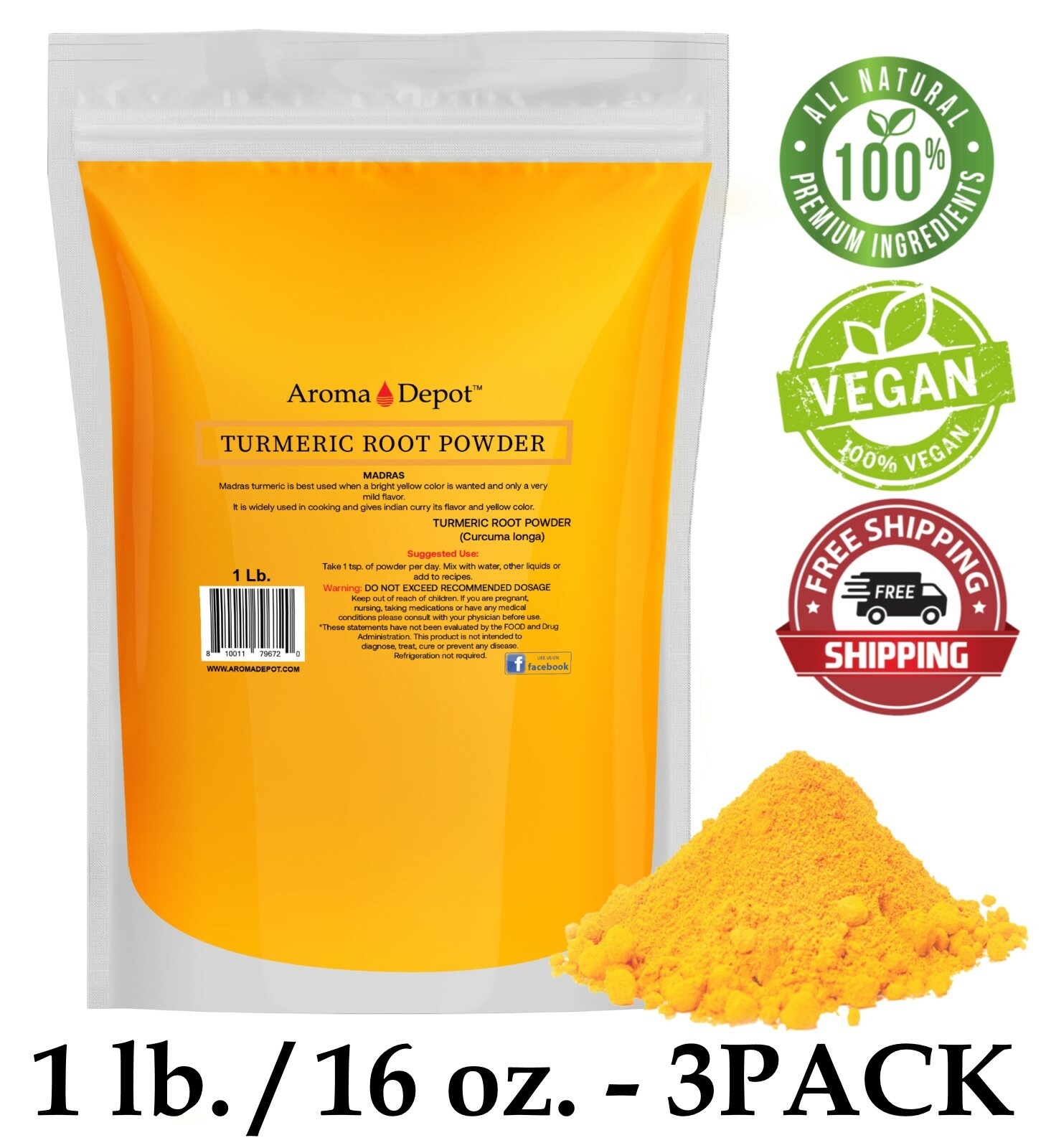 Turmeric Root Powder 3lbs. (x3 -1lb) Curcumin Curcuma longa RAW Yellow Tumeric gallery