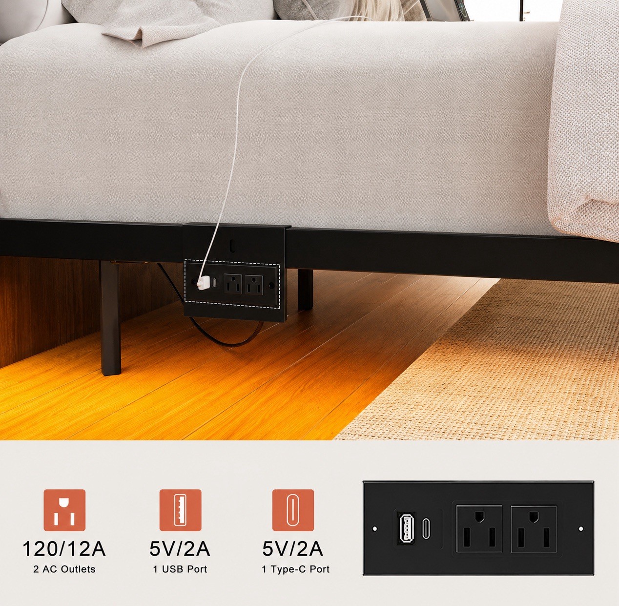 Floating Bed Frame Full Size Metal Platform Bed w/ LED Lights & Charging Station gallery