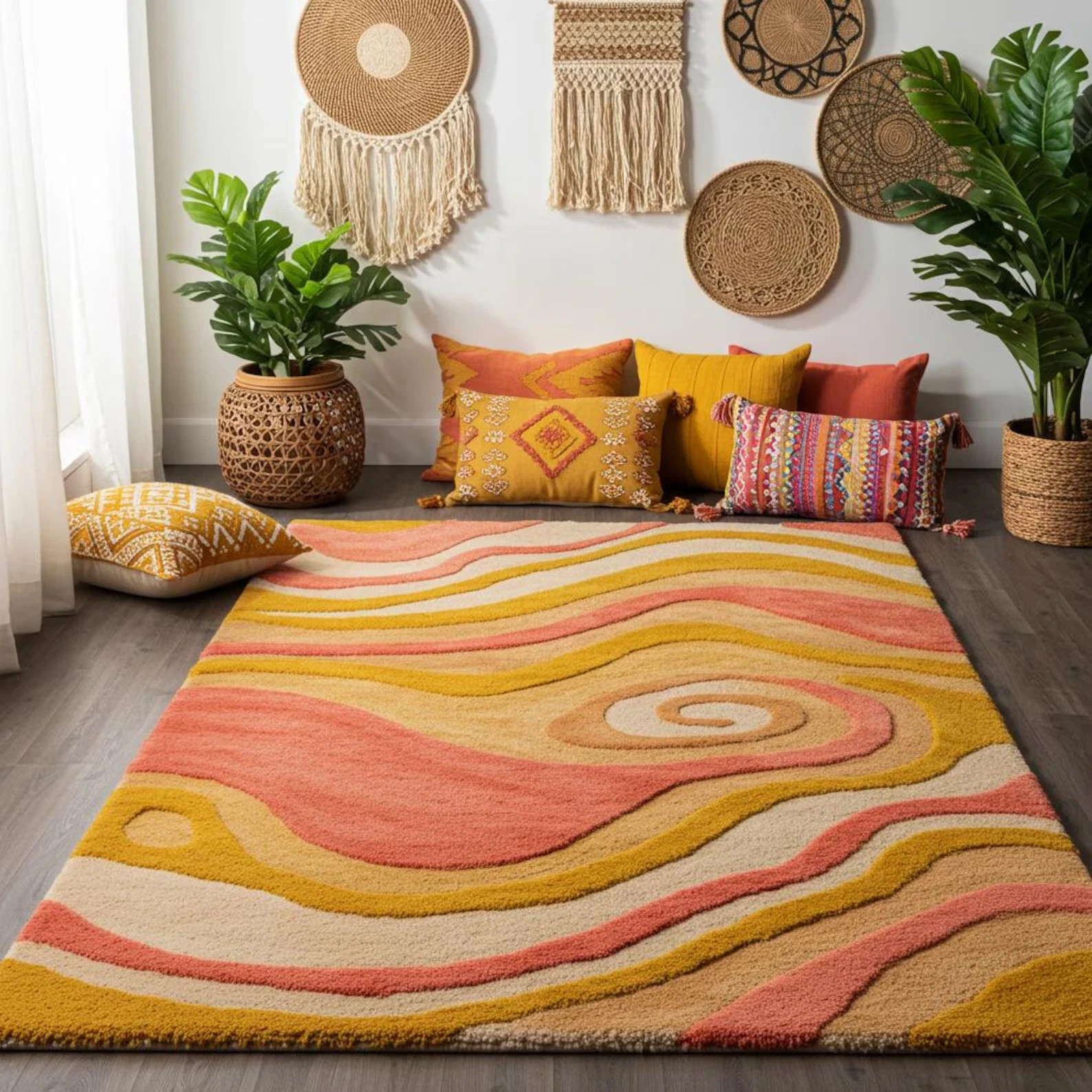 Hand-Tufted Wool Area Rug Coral Yellow Abstract Swirl, Bohemian Eclectic Carpet gallery