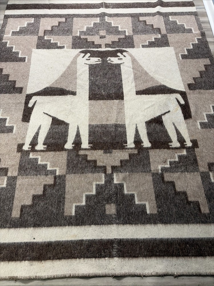 Vintage Peruvian Alpaca Wool Blanket Pucara Llama Geometric Throw Peru Made