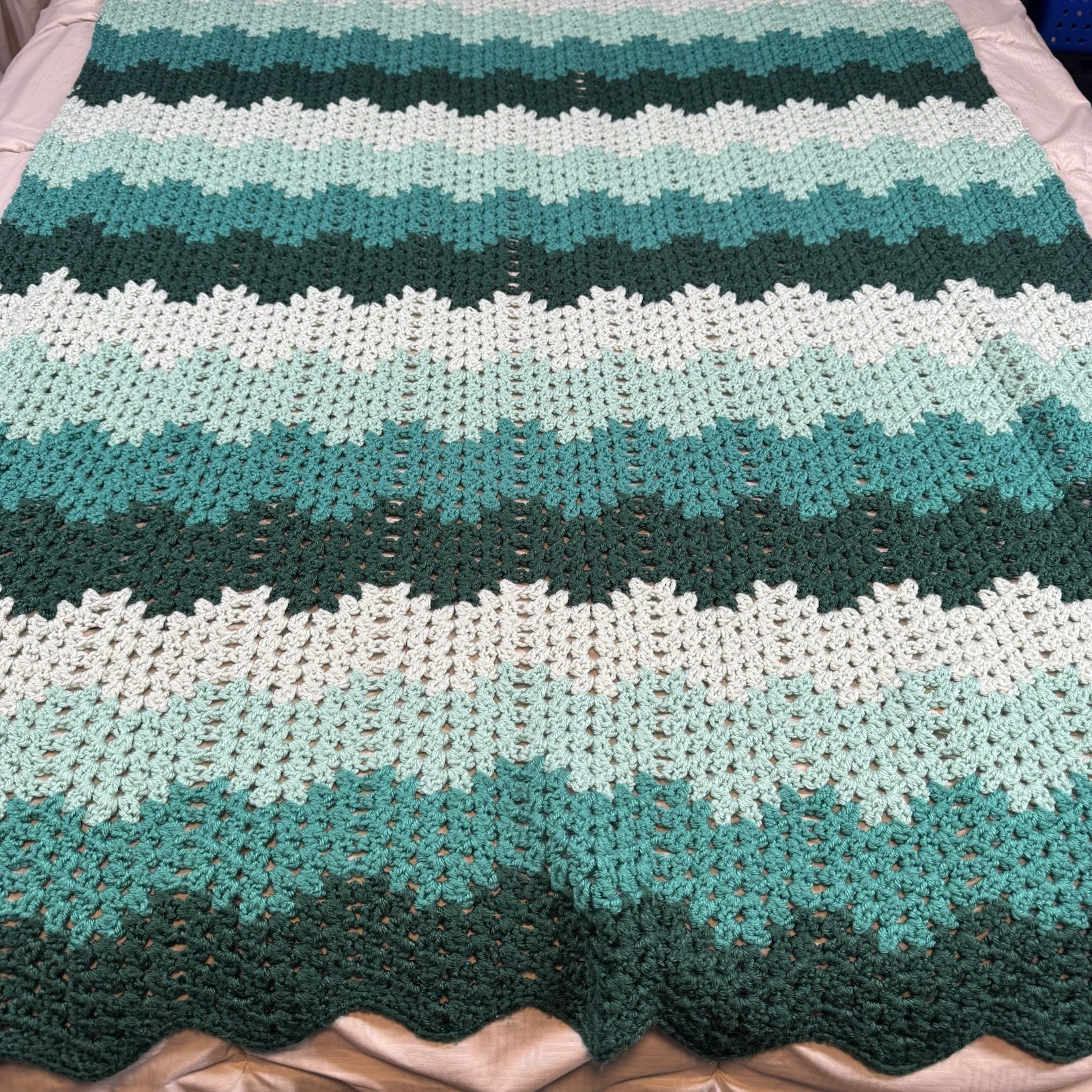 Handmade Turquoise Green Ombre Chevron Crochet Blanket 46”x72” Throw Afghan gallery