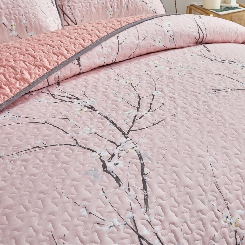 UOZZI BEDDING 3 Pieces Reversible Pink Branch Quilt Set King Size 102x88 Soft... gallery