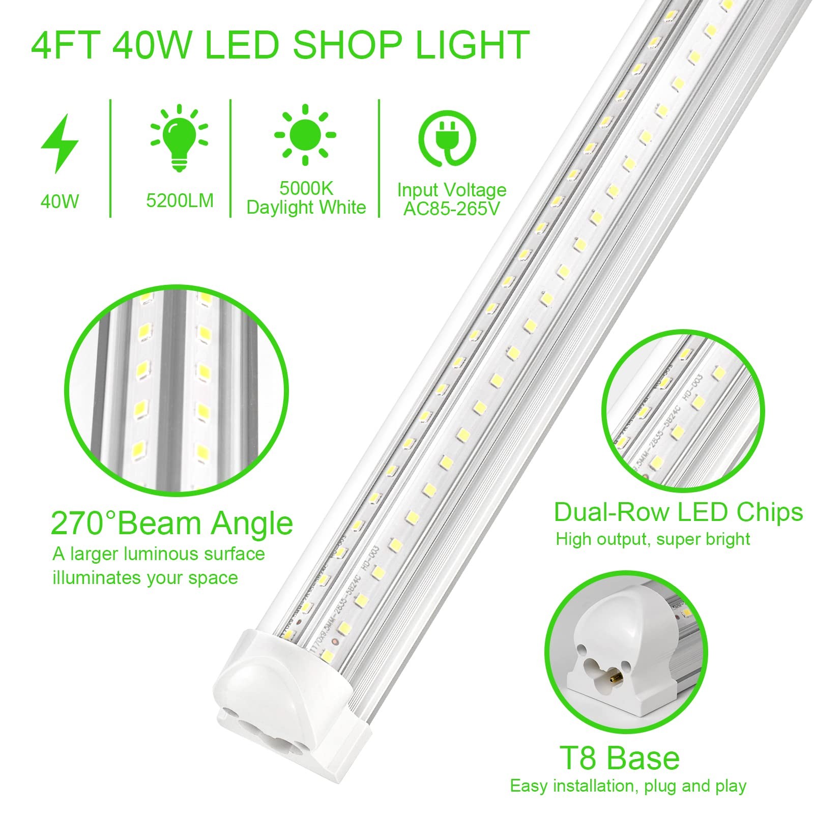 LED Shop Light 4FT, T8 Integrated LED Tube Light Fixture, 40W 5200LM 5000K, V... gallery