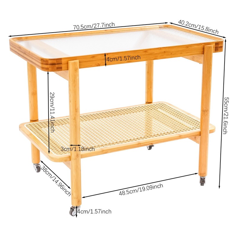 Log Color 2-Tier Rectangular Coffee Table Tempered Glass Bamboo Rattan Wheels gallery