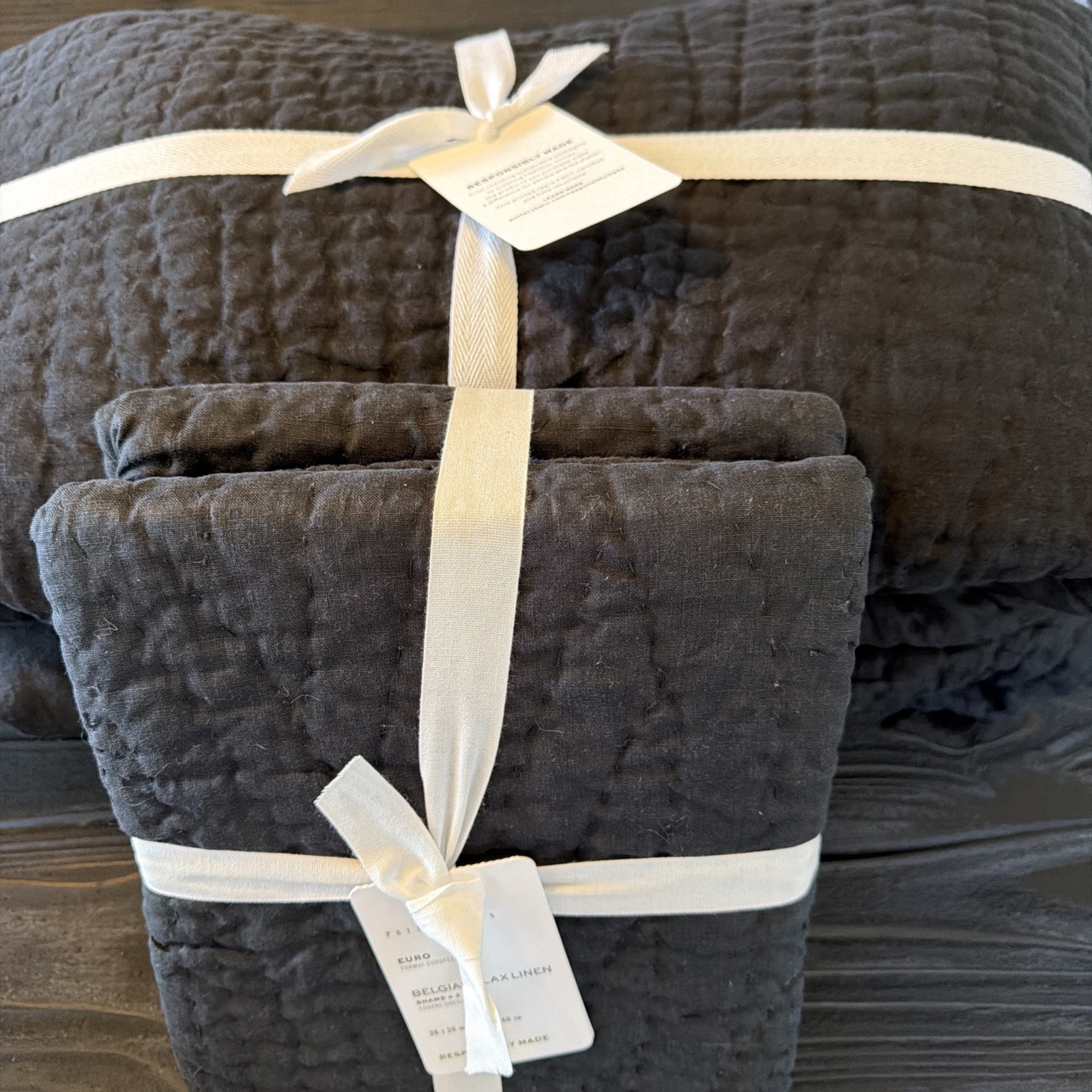 3 PCs Set Pottery Barn Belgian Flax Linen Handcrafted Quilt Queen & Shams Black gallery