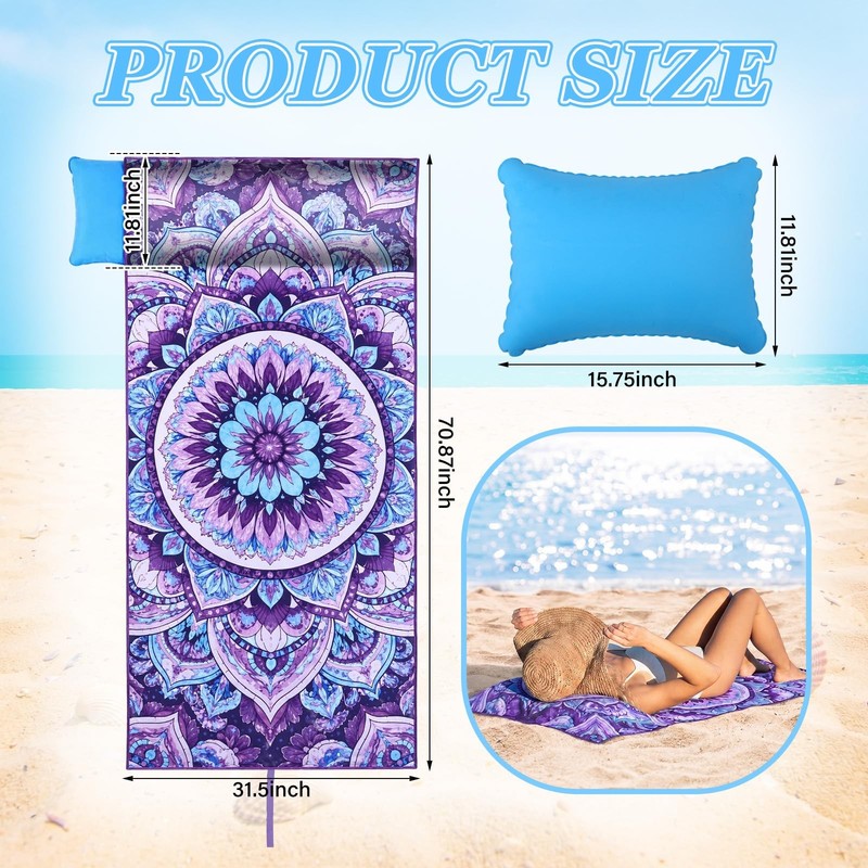 2 in 1 Microfiber Beach Towel with Round Inflatable Pillow 71'' x 32'' Mandal... gallery