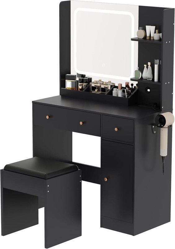GARVEE LED Dressing Table with 2 Drawers, Hair Dryer Rack & Adjustable Lights gallery