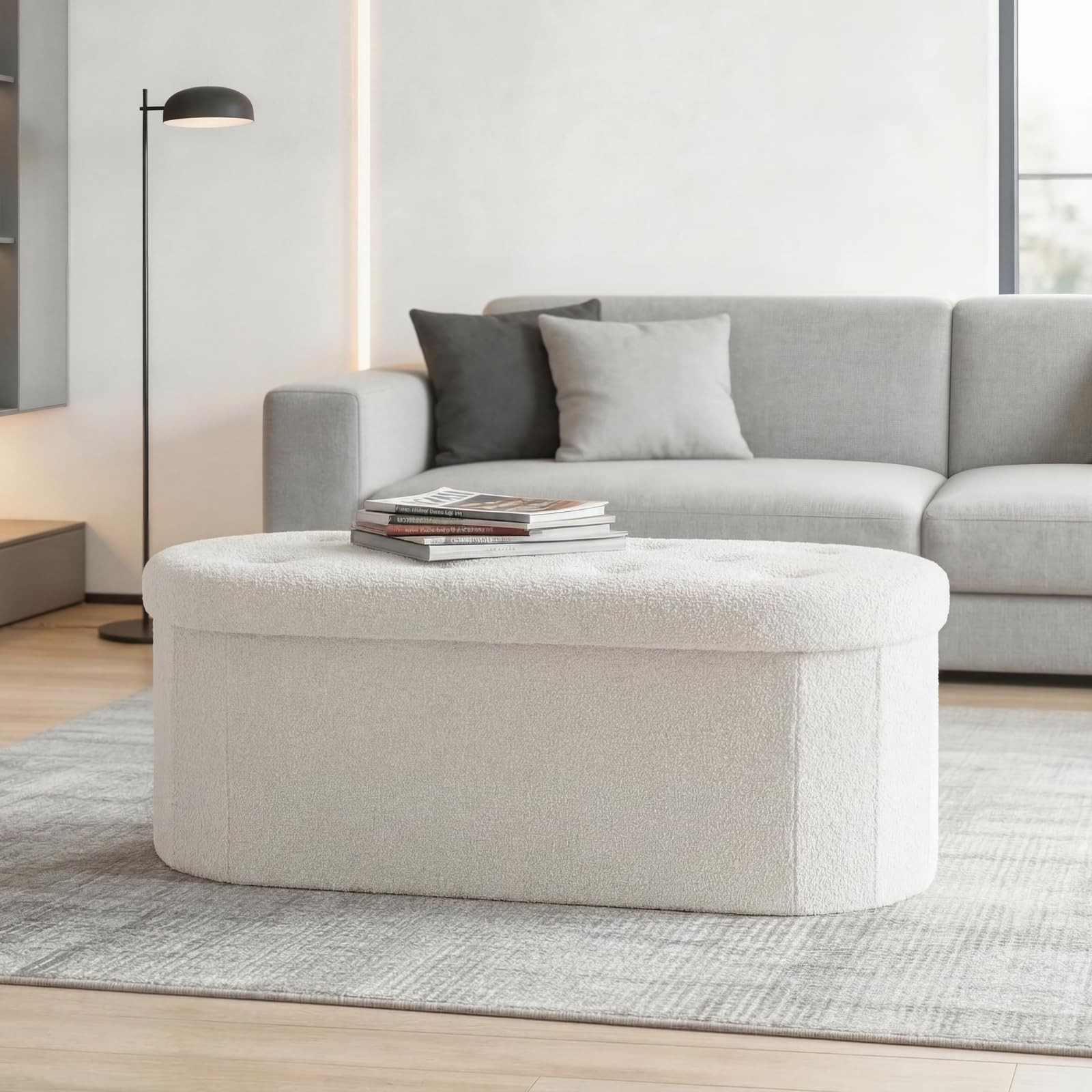 Folding Storage Ottoman Bench, Oval Round Ottoman End of Bed Foot Rest Bench ... gallery