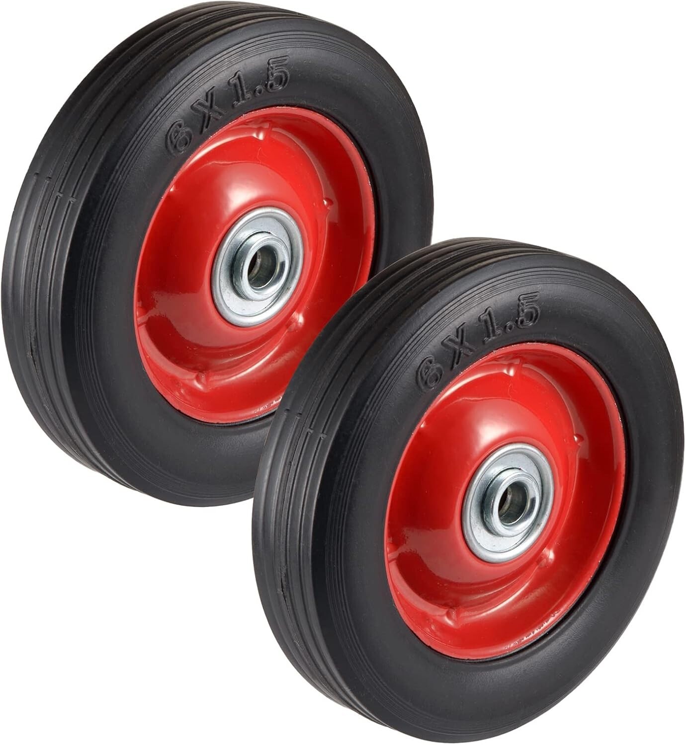 (2-Pack) 6” x 1.5” Flat Free Solid Rubber Wheel Assemblies - Replacement Hand Tr gallery