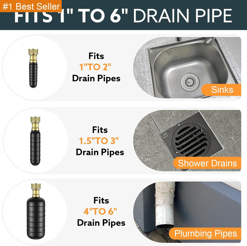 3-Pack Drain Bladder Kit, Water-Powered Rubber Drain Cleaning Bladder, Fits 1 to gallery