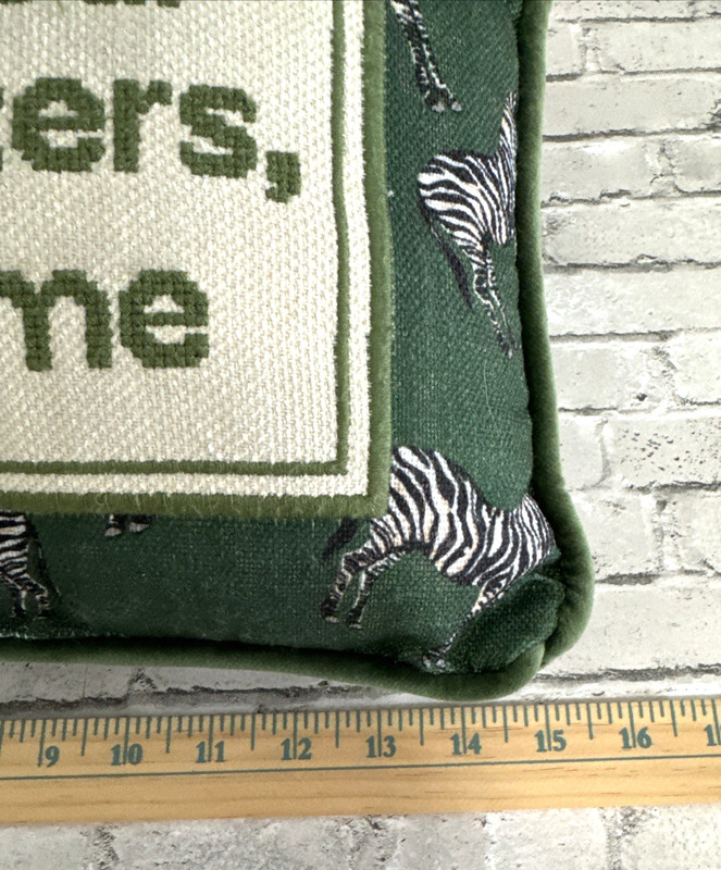 Needlepoint Decorative Throw Pillow Rectangular Green Ivory Zebra JUST NOT TO ME gallery