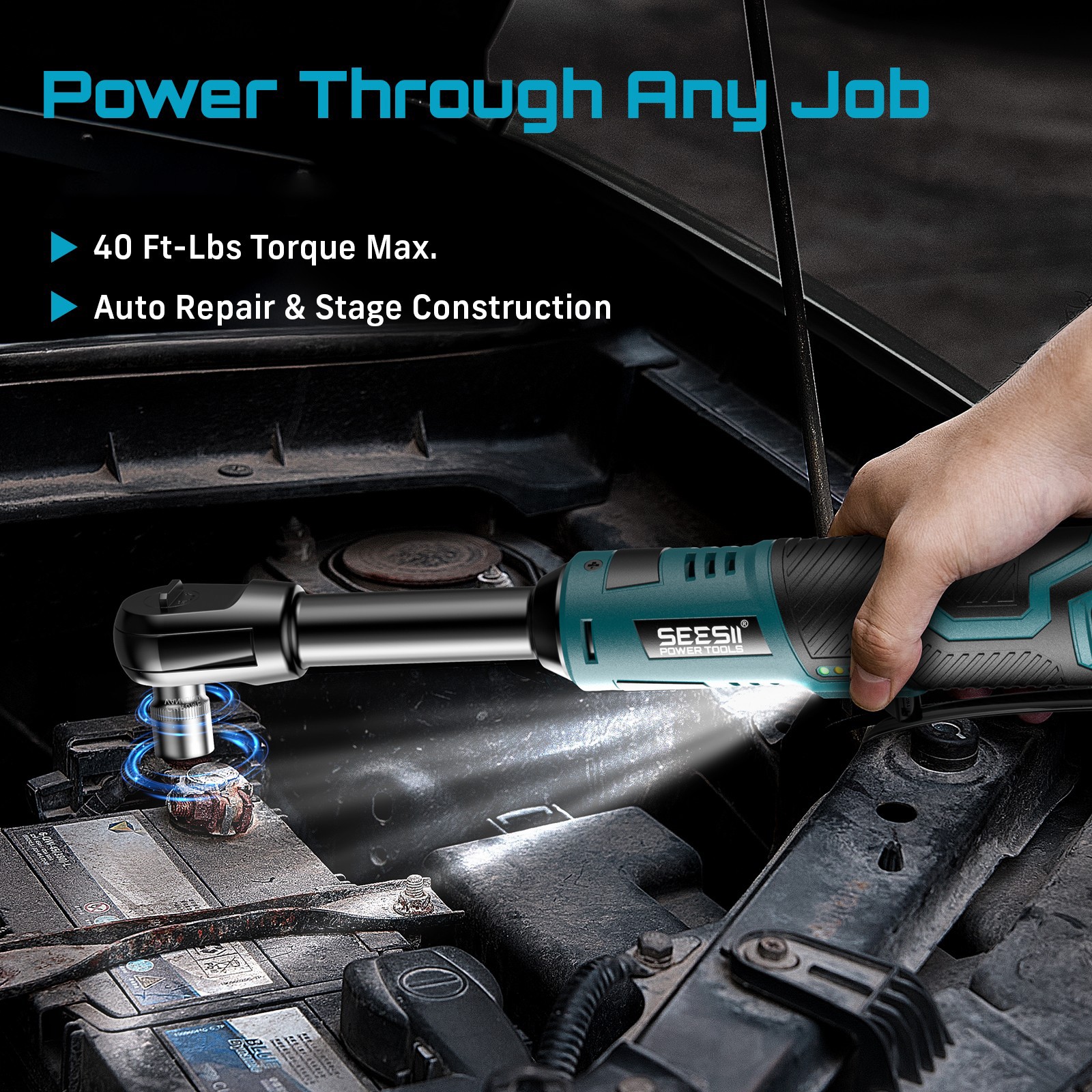 Seesii 3/8" Extended Electric Cordless Ratchet Wrench 40Ft-lbs 6" Long Reach gallery