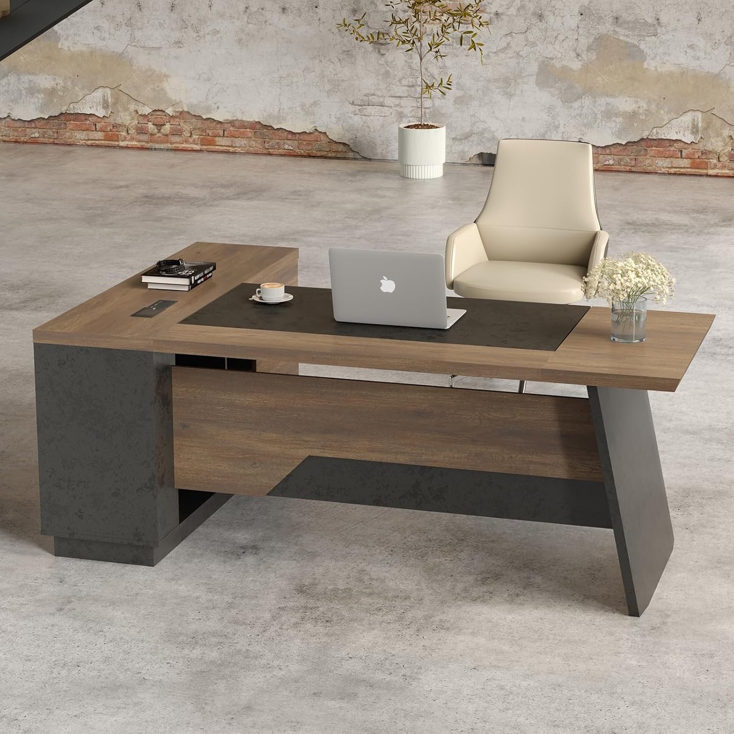 78.74in L-Shaped Large Computer Executive Office Desk w/Drawers & Storage Shelve gallery