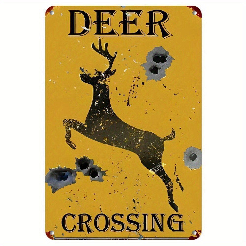 Rustic Deer Crossing Metal Tin Sign Retro Yellow Warning Wall Art Easy To Hang gallery