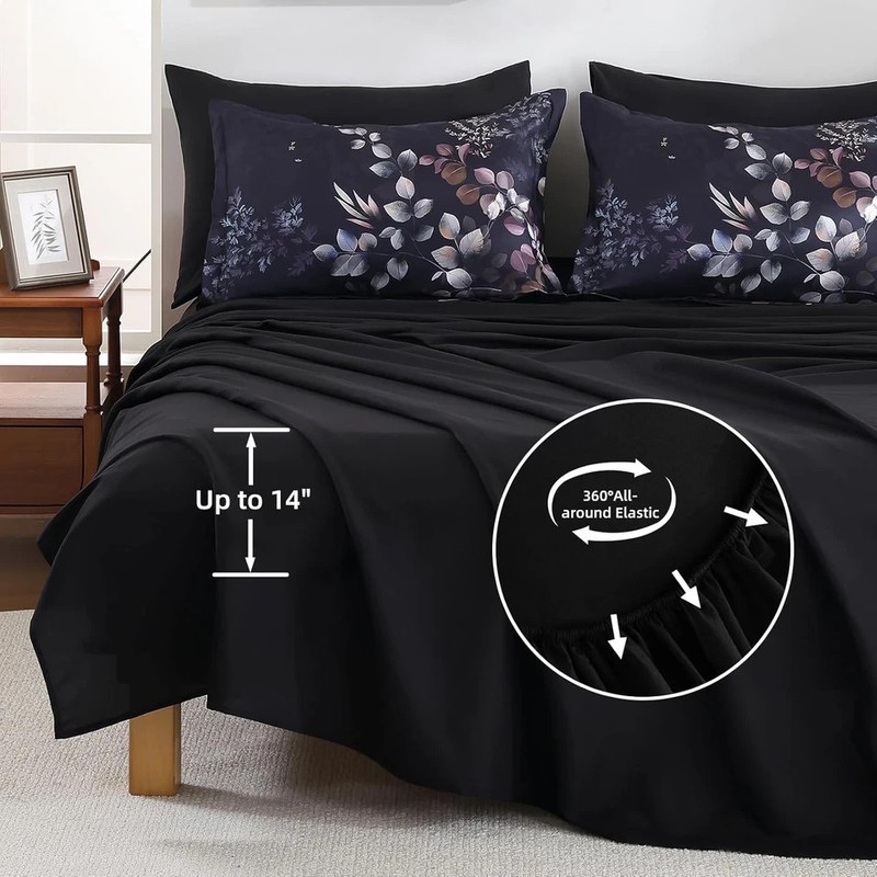 Black Comforter Set Queen Size 7 Pieces Bed in a Bag, Botanical Floral Print Bed gallery