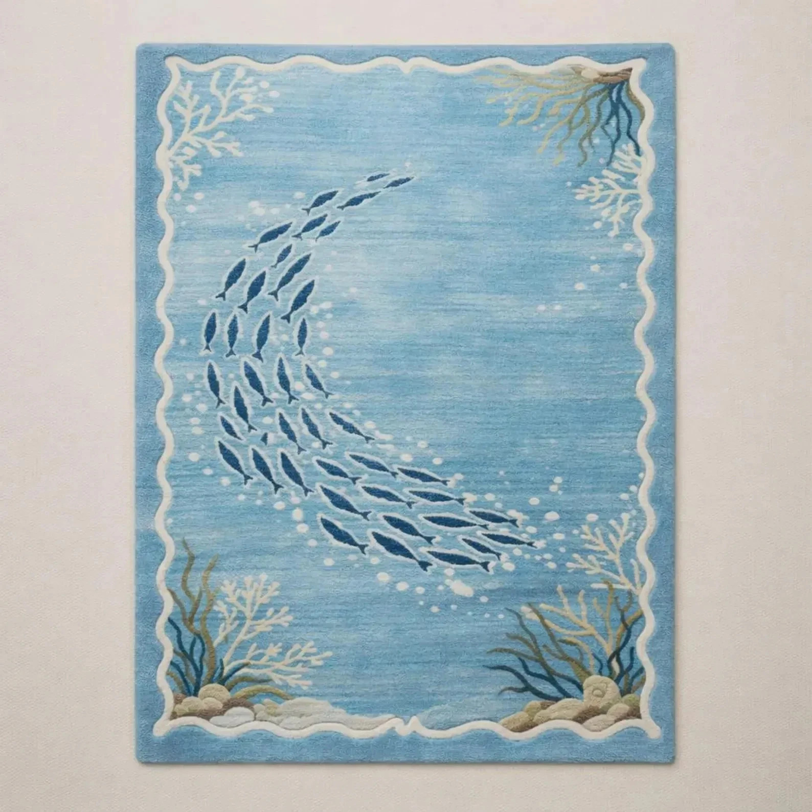 Handmade Wool Area Rug, Nautical Ocean Fish Pattern, Modern Coastal Room Carpet gallery