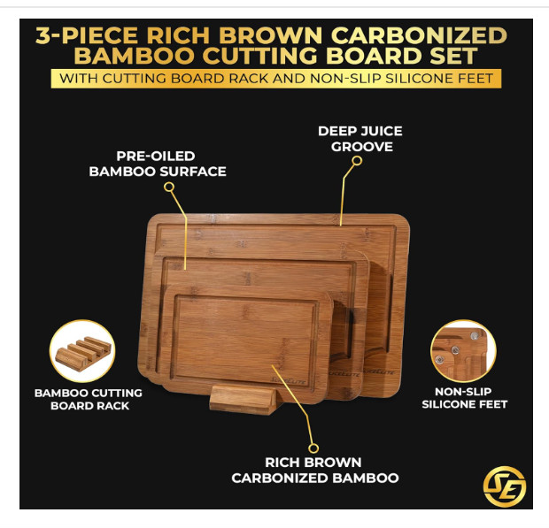 SliceElite Rich Brown Carbonized Bamboo Cutting Board Set 3 Piece with Stand gallery