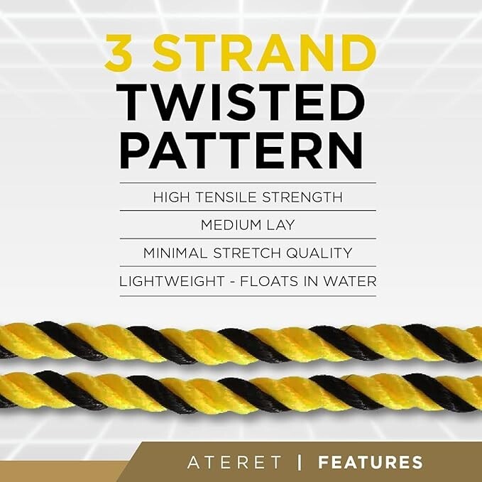 ATERET Twisted 3-Strand YELLOW & BLACK Polypropylene Rope Monofilament ALL SIZES gallery