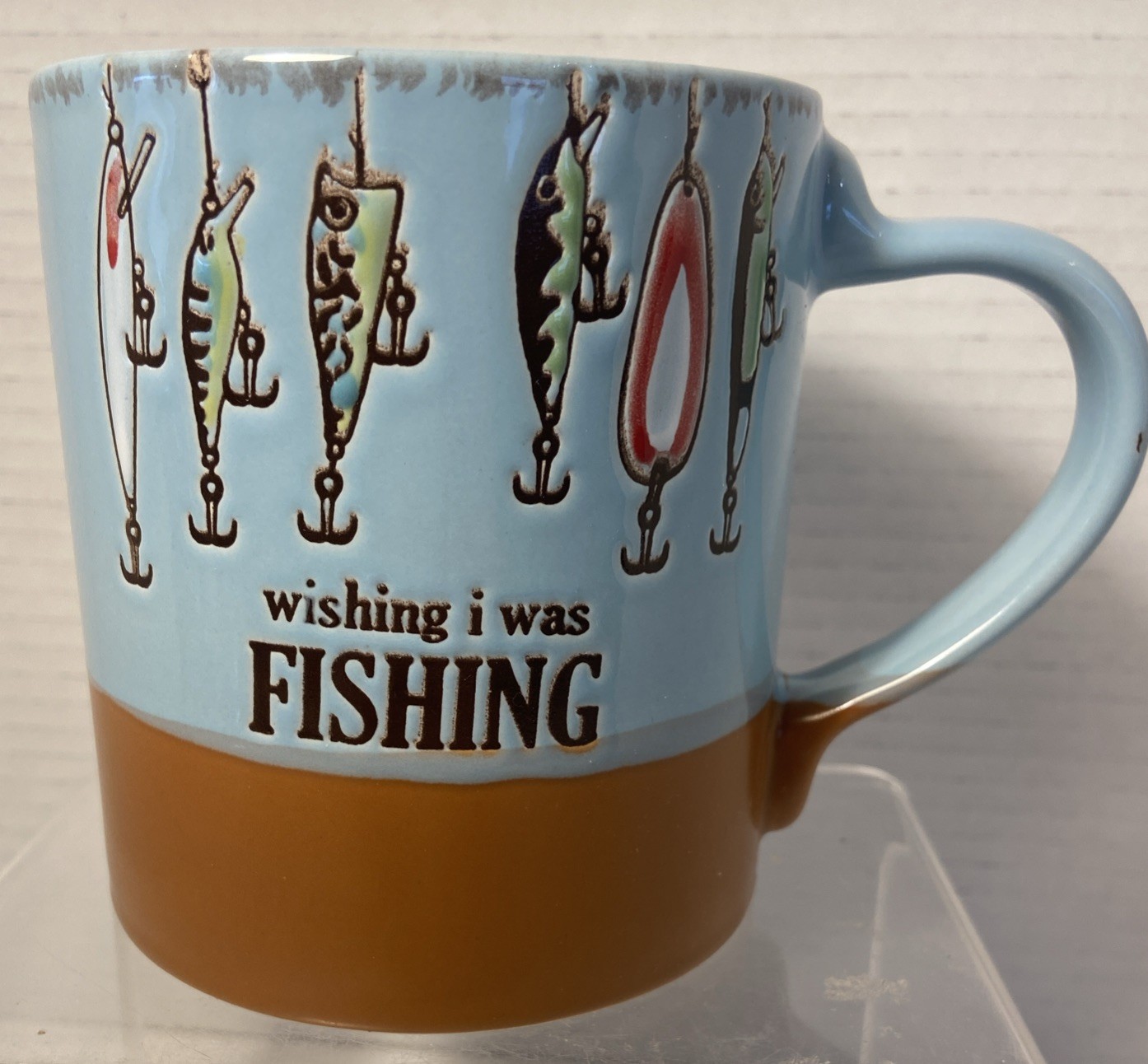 Spectrum Designz 18 oz Ceramic Coffee Tea Mug Wishing I Was Fishing Hooks Lures gallery